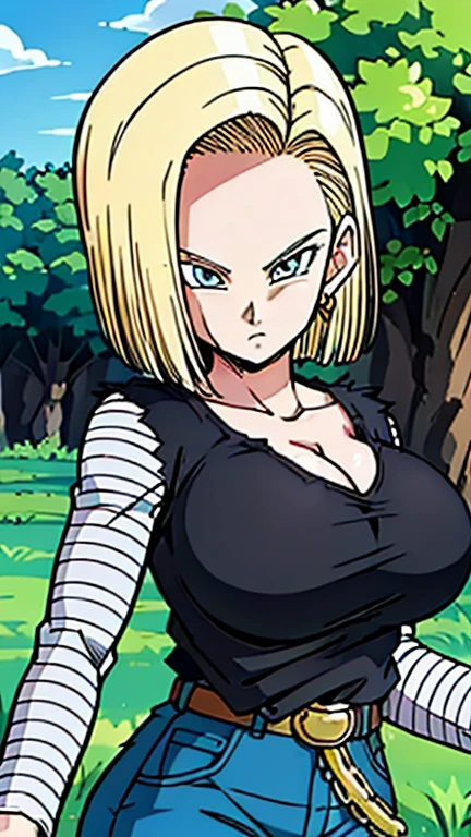 masterpiece, detailed face,
android 18, buu saga, , 1girl, solo, looking at viewer, short hair, blue eyes, blonde hair, collarbone,
field, trees,((huge :1.2)),clearest, upper body, lying on field, hovering,
midair,
black shirt, long sleeves, striped sleeves, hoop earrings, shoes, orange socks, belt, high waist pants,