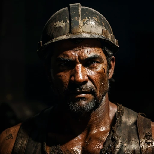 Picture prompt: A Miner in Action, Drenched in Dirty Coal, Muscular and Sexy, Completing the Whole Scene, Dominant Colors of Black, Red, and Gold
A stirring cinematic image of a ruggedly handsome Miner, aged around 35, covered from head to toe in black coal dust, every muscle defined and gleaming with sweat. His intense, focused expression displays a raw, primal strength. His intense gaze lingers on something beyond the frame.
This captivating scene is set against a backdrop of intricate details, featuring weathered rocks and dimly lit mining tools. The shallow depth of field emphasizes the miner, creating