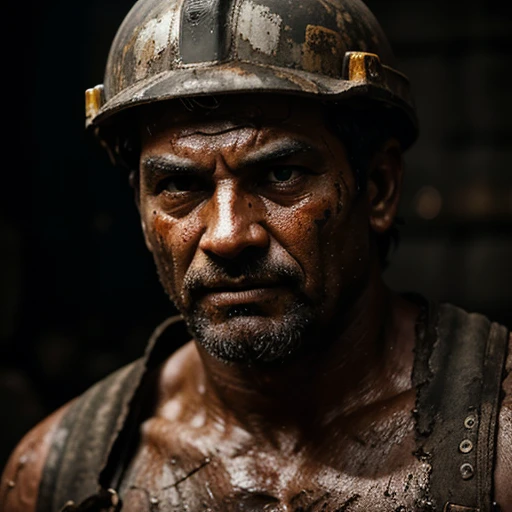 Picture prompt: A Miner in Action, Drenched in Dirty Coal, Muscular and Sexy, Completing the Whole Scene, Dominant Colors of Black, Red, and Gold
A stirring cinematic image of a ruggedly handsome Miner, aged around 35, covered from head to toe in black coal dust, every muscle defined and gleaming with sweat. His intense, focused expression displays a raw, primal strength. His intense gaze lingers on something beyond the frame.
This captivating scene is set against a backdrop of intricate details, featuring weathered rocks and dimly lit mining tools. The shallow depth of field emphasizes the miner, creating