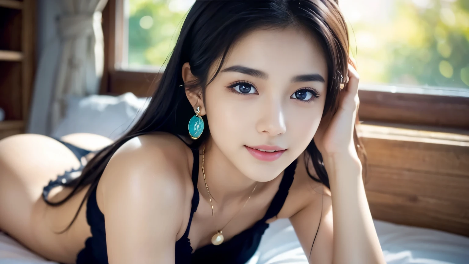 (((32k,very high resolution, high detail, very accurate,傑作girl1))),Raw photo & realistic atmosphere,beautiful dark blue eyes,detailed mouth,glossy lips,fine eyebrows,Soft white skin that shines in every detail,,detailed eyes、Very beautiful eyes with deep blue eyes,lip details、very beautiful face,very well-shaped face、lifelike face,glossy beautiful lips,beautiful eyebrows,infinite reality,best design,(A very cute and modest 18 year old Japanese girl.,,toned body,Perfect Gal Leader Model,Beautifully shaped breasts,とても可愛い美girlです,girl:1.5),best natural makeup,japanese id,korean idol,Young sensual idols,Moist eyes,dark beautiful eyes,beautiful butt,beautiful feet,,camel's foot,:1.3),超A high resolution、,natural and realistic face,Backlight,Her pure eyes are too cute,(((photorealism,Take a full body photo))),,reality live action,(simple earrings,necklace,nail art,A see-through camisole,Black hair in a ponytail,solo,,smile slightly,Full body Esbian:1.7),(Full Body Fashion:1.8),(Cute pendant)