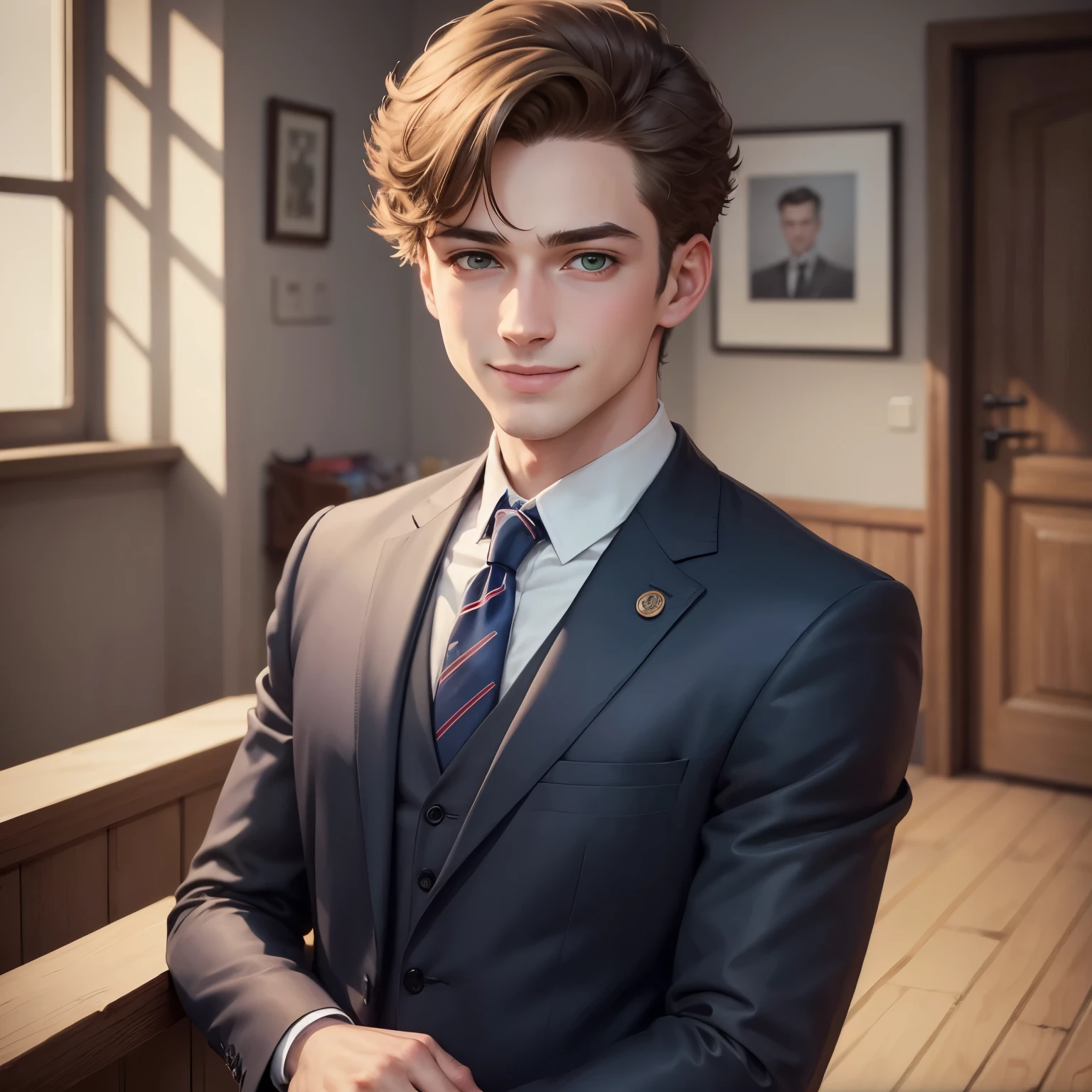 typical english boy, cartoon-like, detailed, realistic, sympathic , 4k, smiling eyes, wearing suits, zoom out, painting style , more green and blue