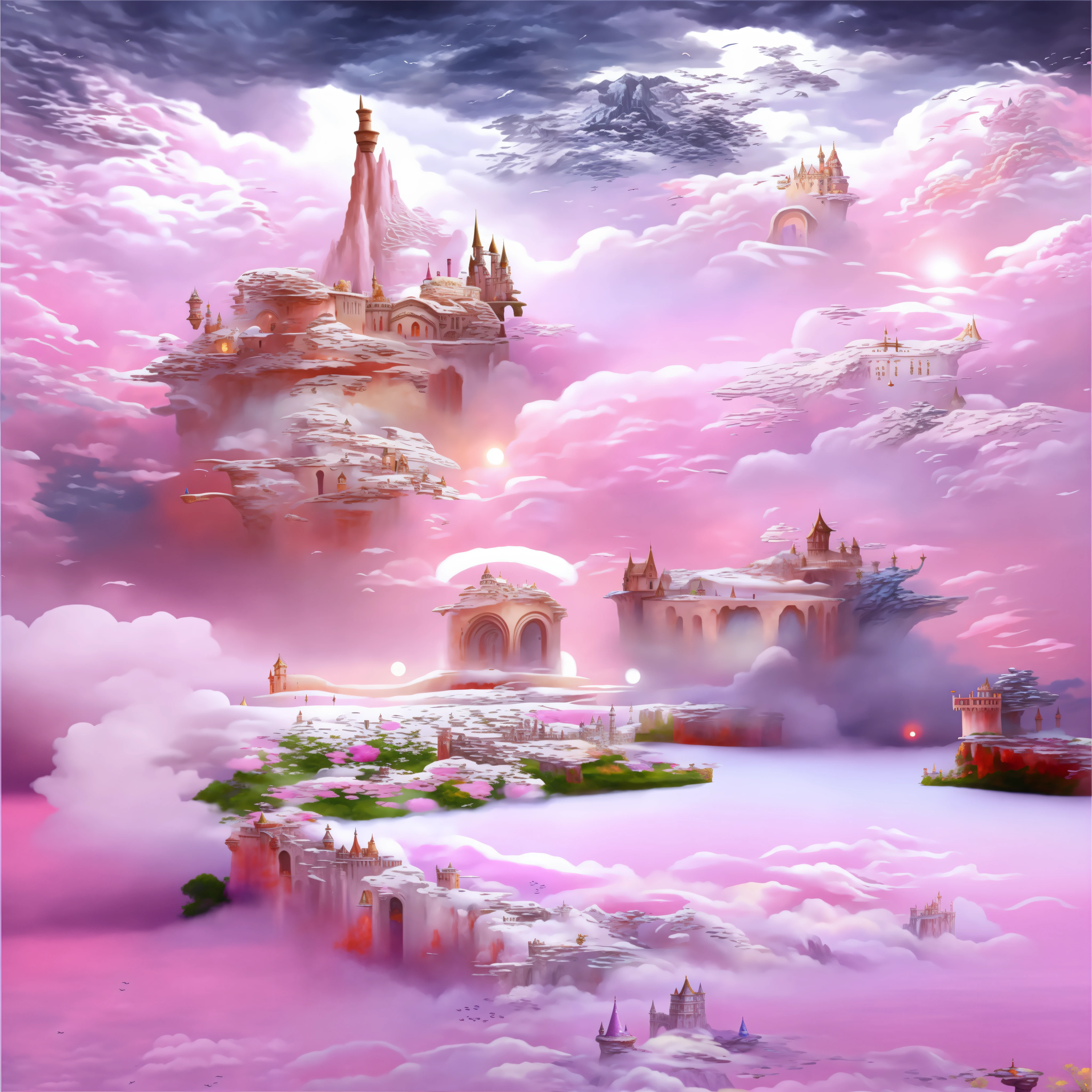 Best quality, super high resolution, 16K, viele Details, a painting of a castle in the clouds with pink sky, in the wonderland of white clouds, in the wonderland of white clouds, in the wonderland of white clouds, Background of the bright kingdom, detaillierte digitale Fantasy-Kunst, beautiful detailed fantasy, lying on the white cloud wonderland, Palast, der im Paradies schwebt, herrlicher Hintergrund, magisches Schloss, magische Fantasie sehr detailliert, fliegendes Wolkenschloss, Skurrile Fantasy-Landschaftskunst, Beautiful fantasy painting