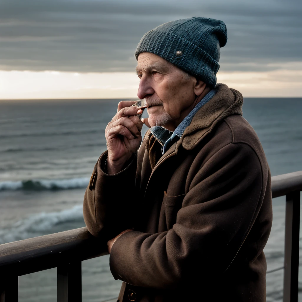 photograph of an elderly man, dark nighttime, moonlight, warm glow from cigarette, lit cigarette in leathery hand, (weathered skin), deep wrinkles, skin spots, sagging skin, grey hair, grey stubble, knitted pullover, knit cap, oilskin coat, smoke rising gently, leaning on a railing, looking out over the ocean, from side, stormy seas, skin blemishes, finely detailed, bokeh, HDR