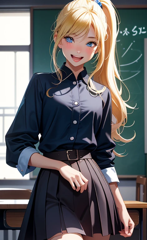 (realistic:1.4、masterpiece、top-quality、8k size wallpaper、offcial art)、(character focus、,cowboy shot:1.6)、(1girl),(seductive smile,Open mouth:1.3),(half closed eyes),cute face,blue eyes、(arms behind back:1.3)、
,(stand),(Shining smile),
,(slender),(school uniform),(ponytail、long fluorescence blonde hair1.3), (small breasts)、
、fluorescence、classroom,JK、