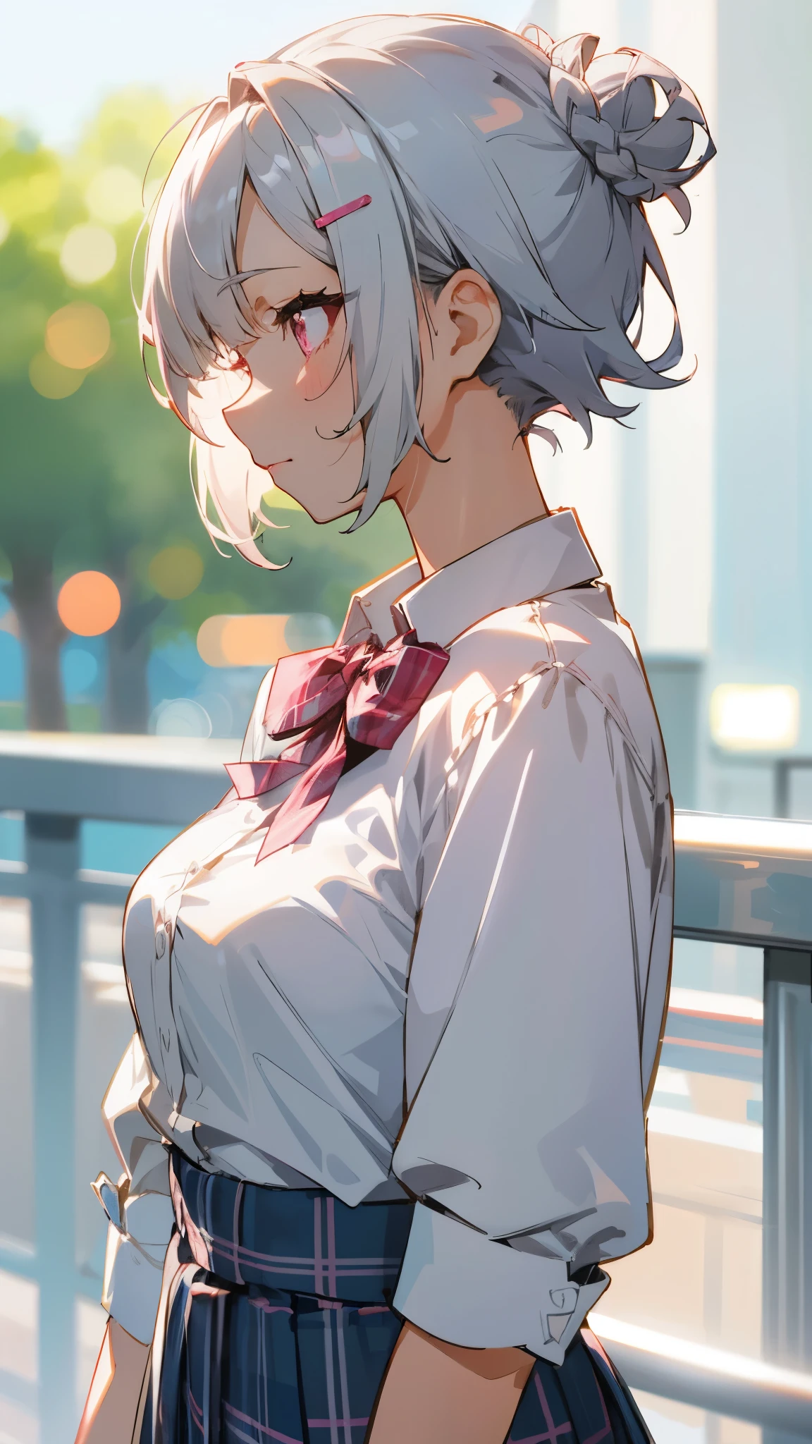 silver short hair and bob hair、I tied my hair in a bun with a hair clip..、pink eyes、white blouse shirt、tartan check skirt、profile、upper body close-up、sharp outline、Morning Cafe Terrace、background bokeh、written boundary depth