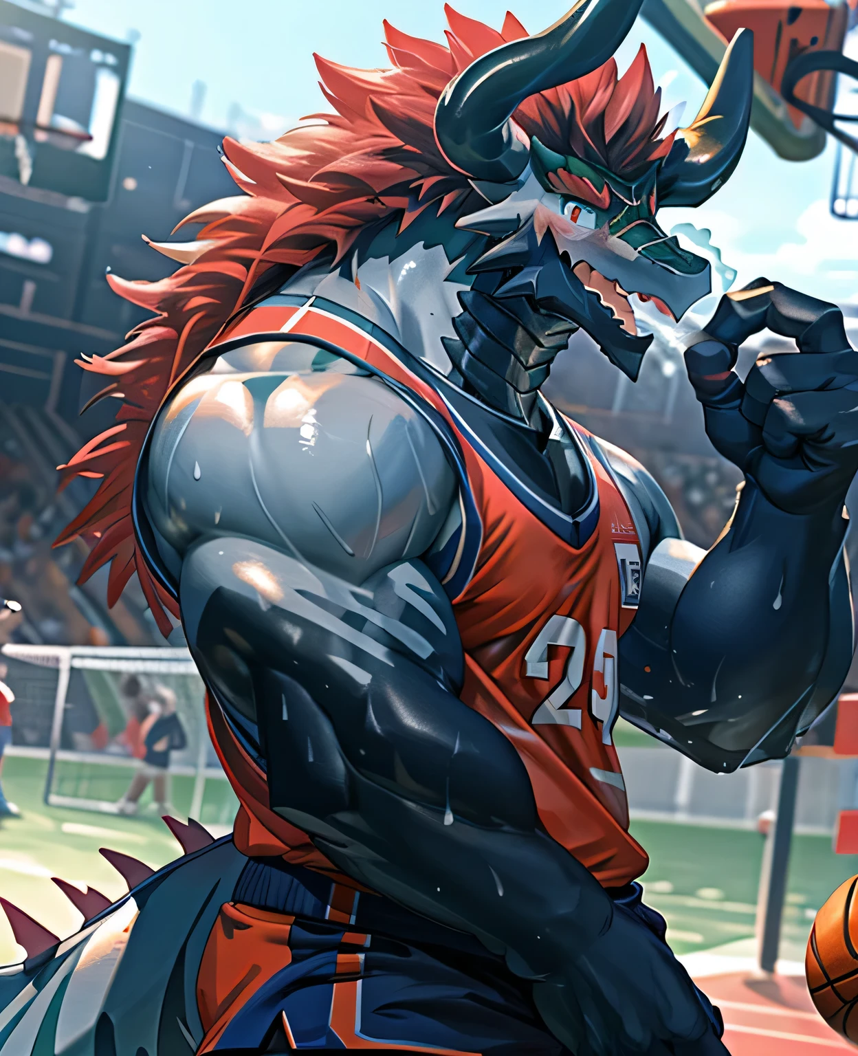 Publaz, (dragon), Two-color, dragon&#39;s eyes, (muscular body:1.3), perfect eyes, Handsome, OK,(white basketball jersey), (on the playground),(Express), sports field background,(close up),(happy eyes:1.2),look at screen,(dragon horn),(Dragon tail),different students,A perfect masterpiece,(16K),white belly,alone,((Strong)),(sports field background),(Sweat),Perfect proportion,front,blush,(Wave hello，Watching you:1.5),(Basketball in hand:1.3),(Open your mouth slightly and breathe.:1.2),(close range:1.2),(clothes soaked with Sweat:1,3),Strong,muscle,more details,CG,HD，detailed，clear，high resolution