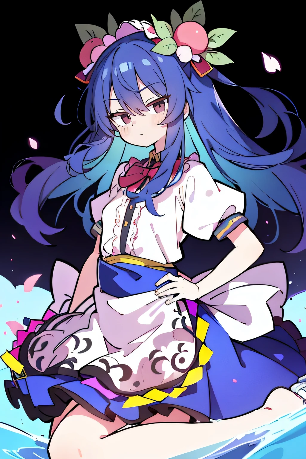 (masterpiece),best quality, expressive eyes, perfect face, 1girl,
Put your hands on your waist,fair, Gorgeous,Japanese cartoons,girl,lola,Hina Angel, blue hair, blue haired, floating clothes,Grab your waist, Grab your waist, hands on hips , hands on hips,sit, sit on ground, Legs on the ground, flat chest,Petals fall,