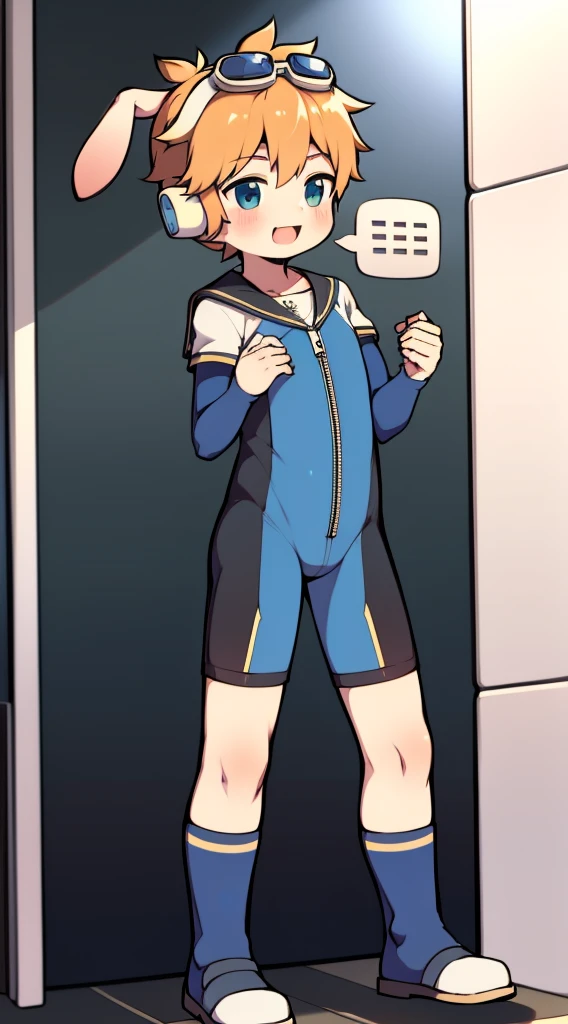 2D Boy Shota,One-piece mountaineering suit,Slim, healthy body,Put the headphones on your head,stand up,goggles,Rabbit ears,happy,Sailor collar,tie,zipper,short sleeves,Lovely
