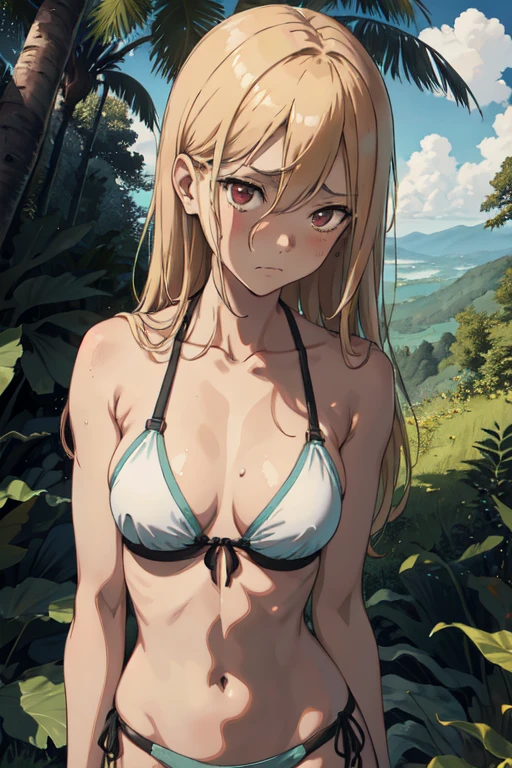 A tanned-skinned anime girl despairically lies on the forest floor, her slender hand cradling her abdomen in agony. The outline of her ribs is faintly visible through the fabric of her bikini top, a stark reminder of her malnourished state. Her emaciated frame is clad in the sun-kissed two-piece swimwear, the fabric clinging to her body, revealing the harsh reality of her situation. Her long, sun-kissed locks cascade around her face, momentarily concealing it from view, but the despairing expression etched onto her features speaks volumes. Lines of hunger and suffering crease her gaunt face, a