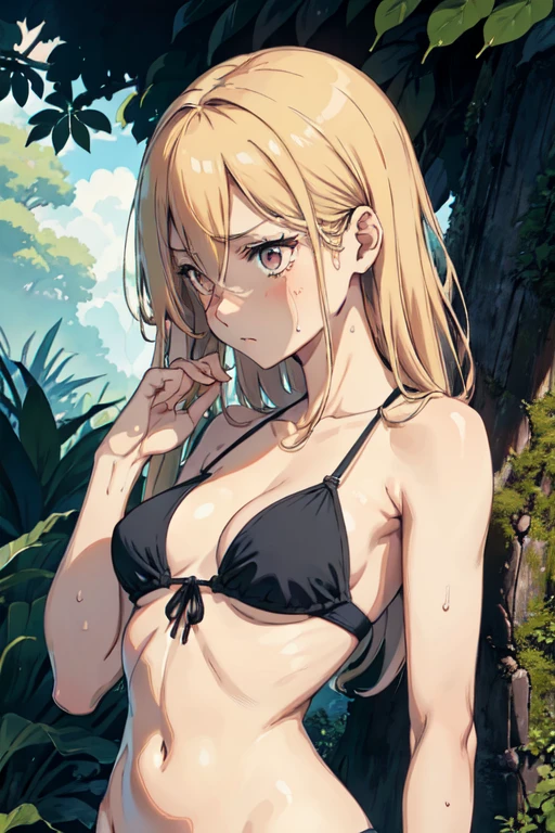 A tanned-skinned anime girl despairically lies on the forest floor, her slender hand cradling her abdomen in agony. The outline of her ribs is faintly visible through the fabric of her bikini top, a stark reminder of her malnourished state. Her emaciated frame is clad in the sun-kissed two-piece swimwear, the fabric clinging to her body, revealing the harsh reality of her situation. Her long, sun-kissed locks cascade around her face, momentarily concealing it from view, but the despairing expression etched onto her features speaks volumes. Lines of hunger and suffering crease her gaunt face, a