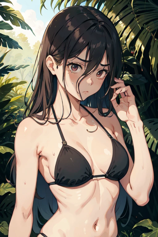 A tanned-skinned anime girl despairically lies on the forest floor, her slender hand cradling her abdomen in agony. The outline of her ribs is faintly visible through the fabric of her bikini top, a stark reminder of her malnourished state. Her emaciated frame is clad in the sun-kissed two-piece swimwear, the fabric clinging to her body, revealing the harsh reality of her situation. Her long, sun-kissed locks cascade around her face, momentarily concealing it from view, but the despairing expression etched onto her features speaks volumes. Lines of hunger and suffering crease her gaunt face, a