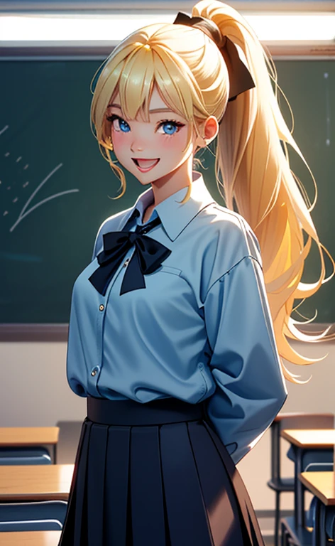 (realistic:1.4、masterpiece、top-quality、8k size wallpaper、offcial art)、(character focus、,cowboy shot:1.6)、(1girl),(seductive smile,Open mouth:1.3),(half closed eyes),cute face,blue eyes、(arms behind back:1.3)、
,(stand),(Shining smile),
,(slender),(school uniform),(ponytail、long fluorescence blonde hair1.3), (small breasts)、
、fluorescence、classroom,JK、