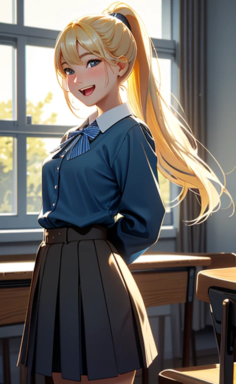 (realistic:1.4、masterpiece、top-quality、8k size wallpaper、offcial art)、(character focus、,cowboy shot:1.6)、(1girl),(seductive smile,Open mouth:1.3),(half closed eyes),cute face,blue eyes、(arms behind back:1.3)、
,(stand),(Shining smile),
,(slender),(school uniform),(ponytail、long fluorescence blonde hair1.3), (small breasts)、
、fluorescence、classroom,JK、
