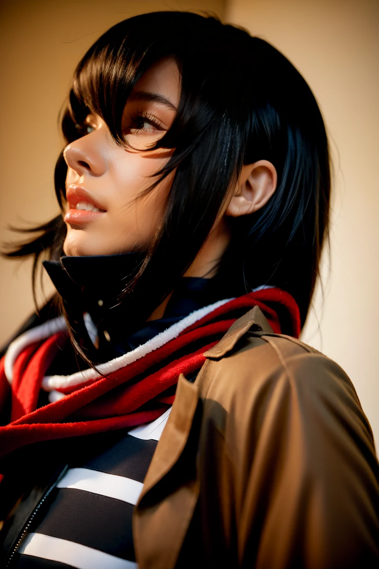 mikasa ackerman, Female action anime girl, badass posture, big smile, happy face, attack on titans, Female protagonist 👀 :8, rogue anime girl, anime figure, (Attack on Titan anime), trigger anime artstyle，1girl， dynamic angle， splashart, Complete shot of the charming Amish male silk weaver， CEL shadows， velvet， ribbons， offcial art， Unity 8k wallpaper， ultra - detailed， aesthetics， tmasterpiece， best qualtiy， Photorealistic