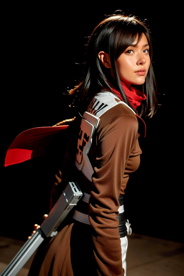 mikasa ackerman, Female action anime girl, badass posture, big smile, happy face, attack on titans, Female protagonist 👀 :8, rogue anime girl, anime figure, (Attack on Titan anime), trigger anime artstyle，1girl， dynamic angle， splashart, Complete shot of the charming Amish male silk weaver， CEL shadows， velvet， ribbons， offcial art， Unity 8k wallpaper， ultra - detailed， aesthetics， tmasterpiece， best qualtiy， Photorealistic
