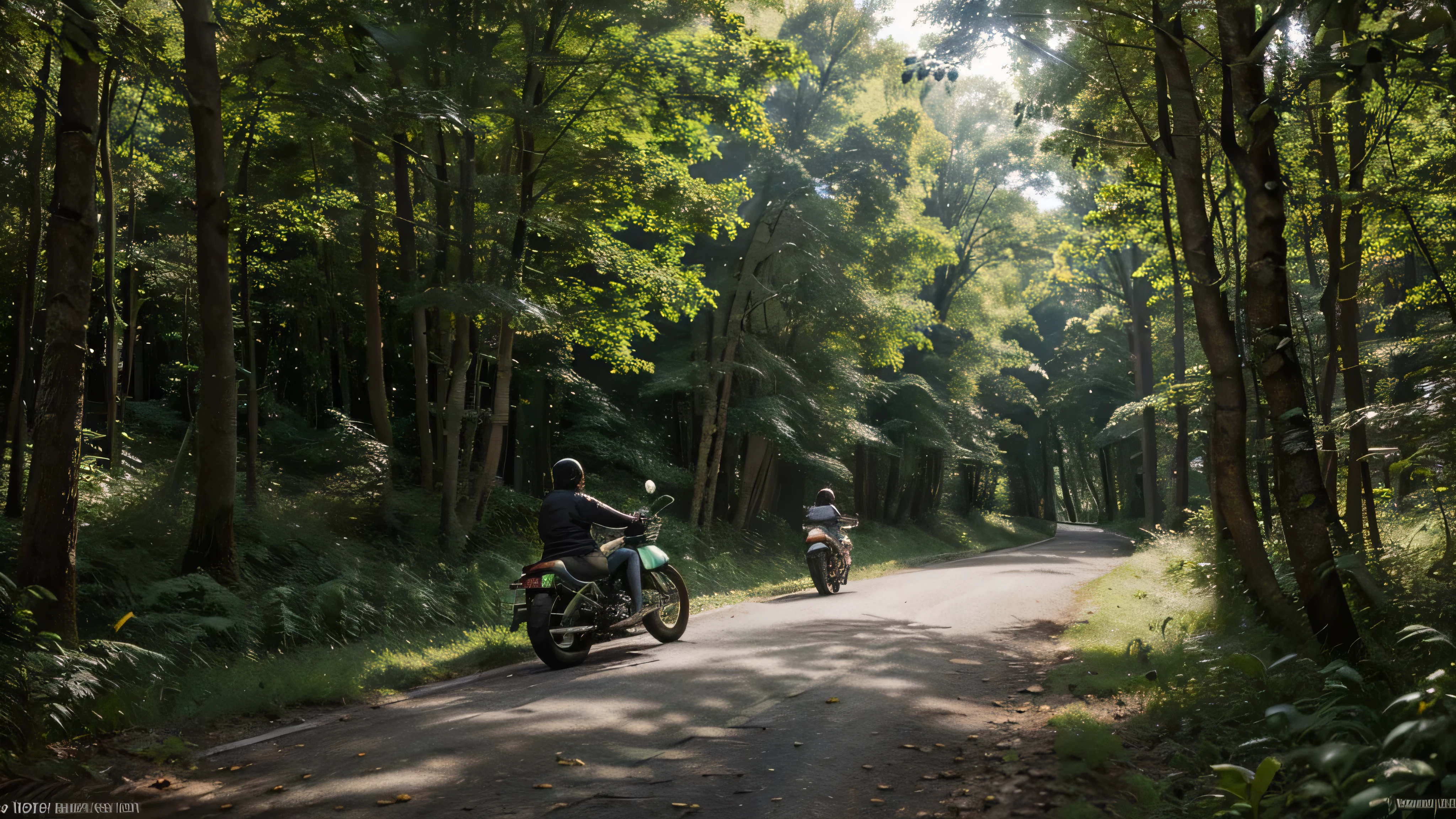 (best quality,4k,8k,highres,masterpiece:1.2),ultra-detailed,(realistic,photorealistic,photo-realistic:1.37),royal enfield moving in a narrow lane between dense green forest,forest-covered path with vibrant tall trees enveloping every side,clear view of the vintage and elegant royal enfield motorcycle,gleaming chrome details enhancing its classic charm,beautiful dappled sunlight filtering through the dense foliage,illuminating the path with a warm and inviting glow,subtle rays of light dancing on the motorcycle's polished surface,creating mesmerizing reflections,narrow lane bordered by wildflowers in full bloom,painting a colorful and picturesque scene,natural soundtrack of chirping birds and rustling leaves,further immersing the viewer in the enchanting forest ambiance,vibrant shades of green dominating the color palette,evoking a sense of tranquility and connection to nature,subtle hints of moss and ferns adding depth and texture to the surroundings,a captivating natural landscape unravels at every turn as the motorcycle glides through the serpentine path,creating a harmonious union of man-made machinery and untouched wilderness,stirring up a sense of adventure and exploration,a moment frozen in time,forever capturing the allure of the royal enfield and the majestic beauty of the forest.