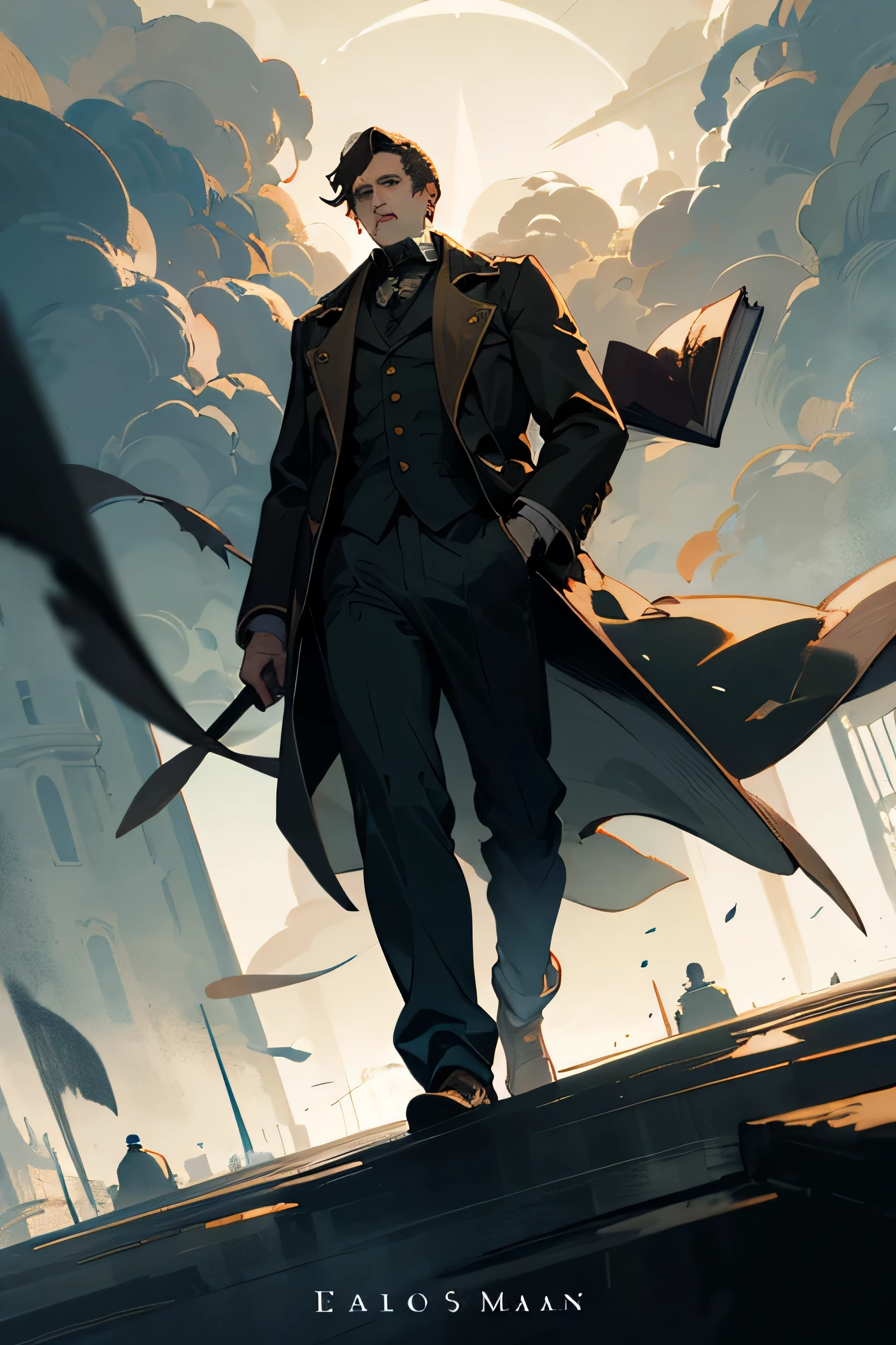 Book cover page for a book named Hell's Favorite
Man in a dark brown coat and black joggers, heavy victorian style air, hellscape, sunlight, gloomy air, dynamic lighting, background of victorian era london, covered with fog