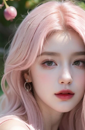 a beautiful girl with beautiful eyes, with pink hair, stands near trees with grapes. stylization, 16k, illustration, composition