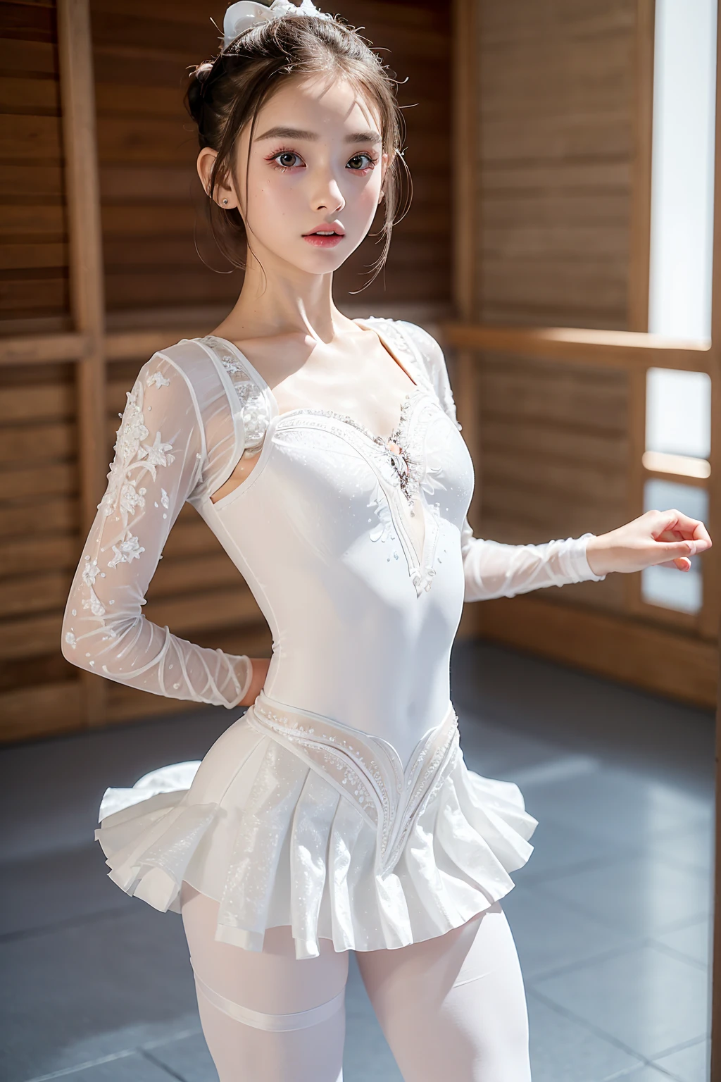 1 beautiful **** woman,(hyper detailed:1.5), masterpiece, photorealistic, realistic skin, full body,(white ballerina uniform:1.4),(mini skirt), full body,dynamic pose, (hair bun,top knot:1.0),  (realistic skin),(sweaty skin:1.1),(oily skin:1.1),arched back,standing and raising 1leg,in studio,back view