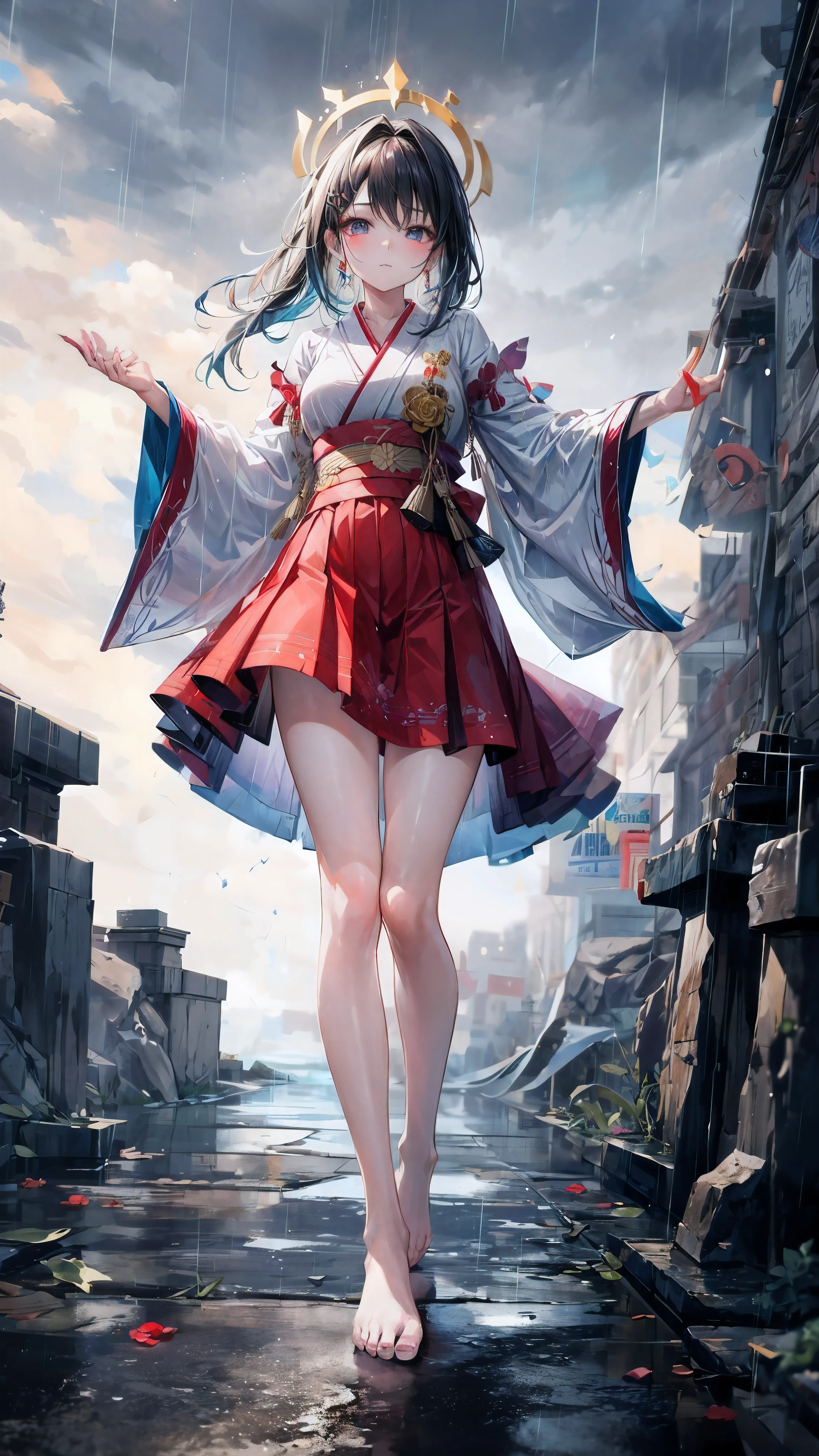 anime girl in a kimono outfit walking in the rain, by Yang J, guweiz, beautiful character painting, cute anime waifu in a nice dress, artwork in the style of guweiz, guweiz on artstation pixiv, by Leng Mei, by Zhou Fang, guweiz on pixiv artstation, anime girl walking on water