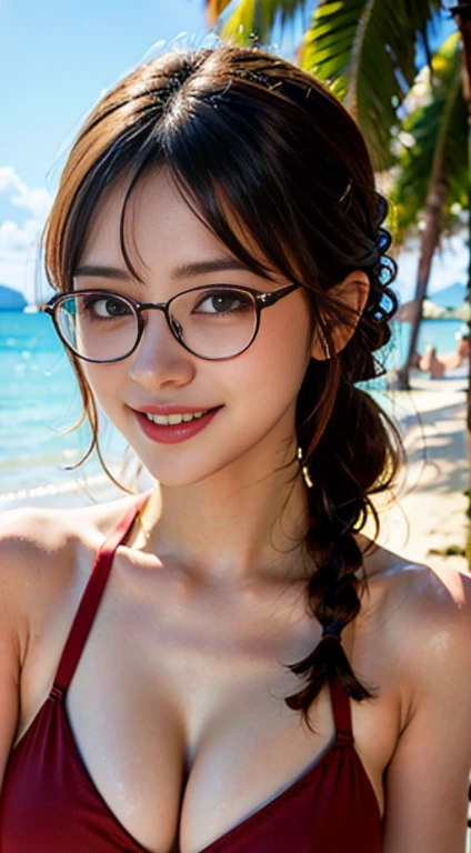 hanekawatsubasa, hanekawa tsubasa,(smile),(with sparkling eyes and a contagious smile),her pink panty pulled by self,a , long hair, black hair, hair ornament, (brown eyes:1.1), braid, hairclip, twin braids, glasses, pink bikini, outdoors, beach, looking at viewer, (masterpiece:1.2), best quality, high resolution, unity 8k wallpaper, (illustration:0.8), (beautiful detailed eyes:1.2), extremely detailed face, perfect lighting, extremely detailed CG, (perfect hands, perfect anatomy),