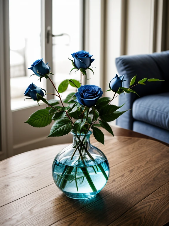 Photorealistic image of a ((glass vase with water and some beautiful blue roses)). The vase rests on a wooden table, in the living room of a house with large windows, masterpiece, ultra-realistic, high details, high quality, 8k
