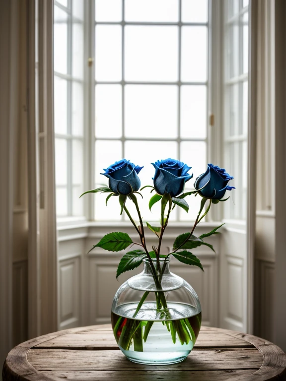 Photorealistic image of a ((glass vase with water and some beautiful blue roses)). The vase rests on a wooden table, in the living room of a house with large windows, masterpiece, ultra-realistic, high details, high quality, 8k