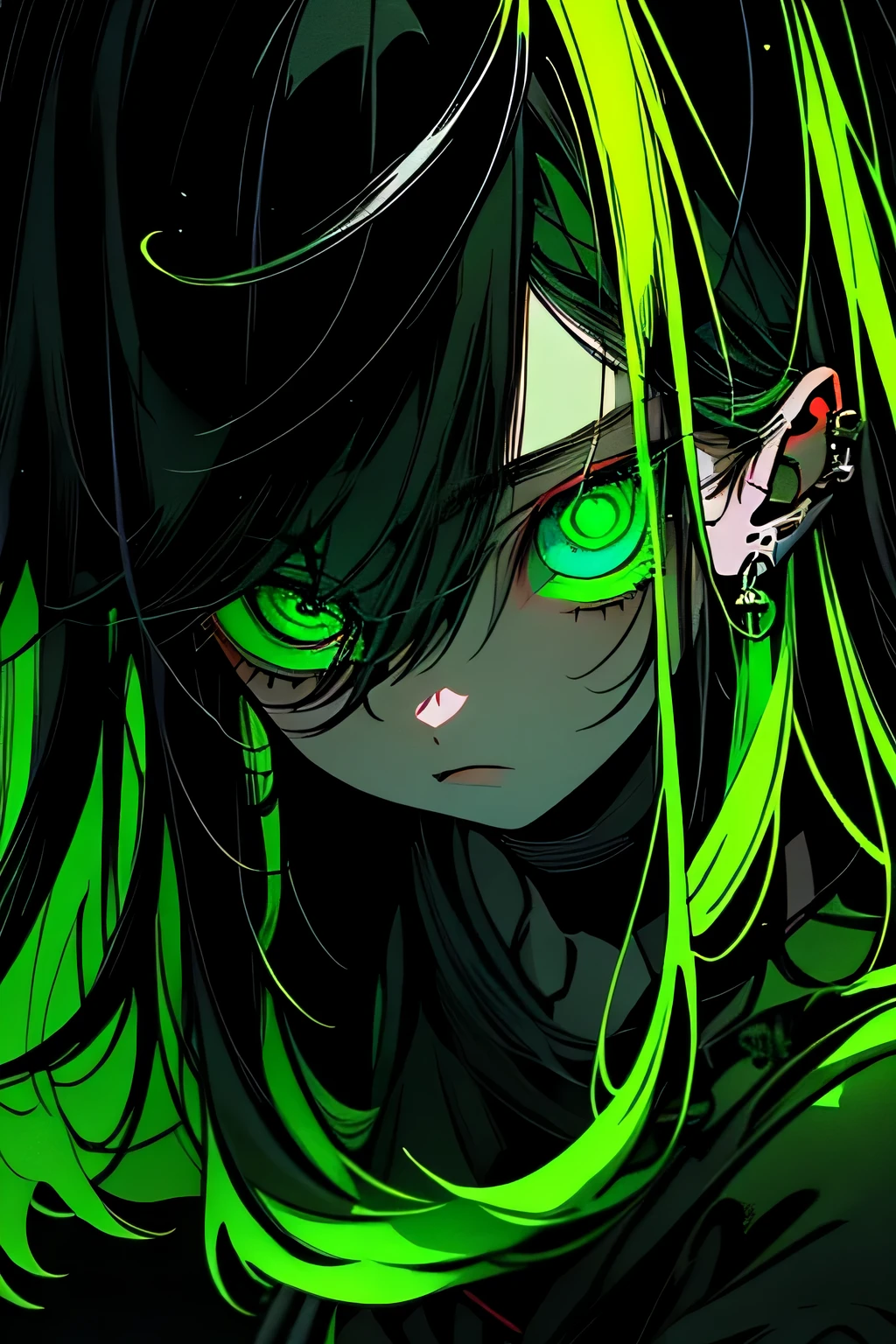 Teos Overload power of darkness god Unknown beauty Hair Gradient universe odd eye Fluorescent Eyes Shining eyes in the darkness A very vivid dark green