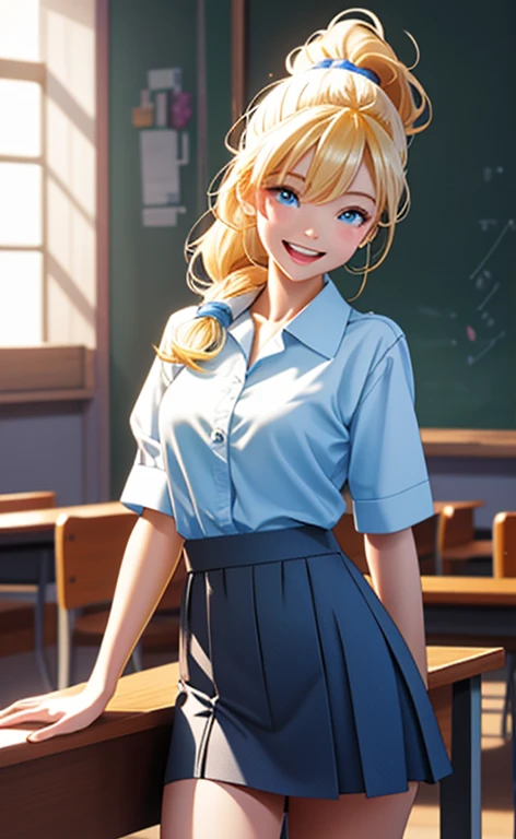 (realistic:1.4、masterpiece、top-quality、8k size wallpaper、offcial art)、(character focus、,cowboy shot:1.6)、(1girl),(light smile,Open mouth:1.3),(half closed eyes),cute face,blue eyes、(arms behind back:1.3)、
,(stand),(Shining smile),
,(slender),(school uniform),(ponytail、long fluorescence blonde hair1.3), (small breasts)、
、fluorescence、classroom,JK、