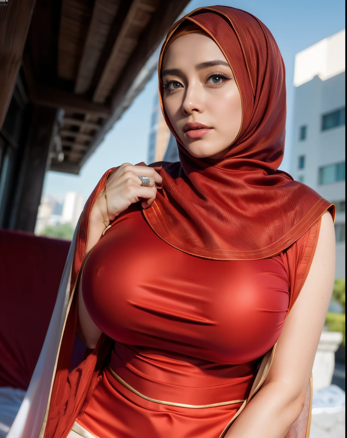 Marian Rivera, ulzzang-6500-v1.1,(raw photo:1.2), (photorealistic:1.4),(pureerosface_v1:0.3), best quality, masterpiece, illustration, an extremely delicate and beautiful, extremely detailed ,CG ,unity ,8k wallpaper, Amazing, finely detail, masterpiece,best quality,official art, extremely detailed CG unity 8k wallpaper, absurdres, incredibly absurdres, huge filesize, ultra-detailed, highres, extremely detailed, beautiful detailed girl, extremely detailed eyes and face, beautiful detailed eyes, light on face, cinematic lighting, (from below:1.3), (see-through:1.2), looking at viewer, full body, full-body shot, braid, skinny, (gigantic breasts:1.3), high heels,outdoors, wide hips, thick thighs, (malaysian gamis:1.4)