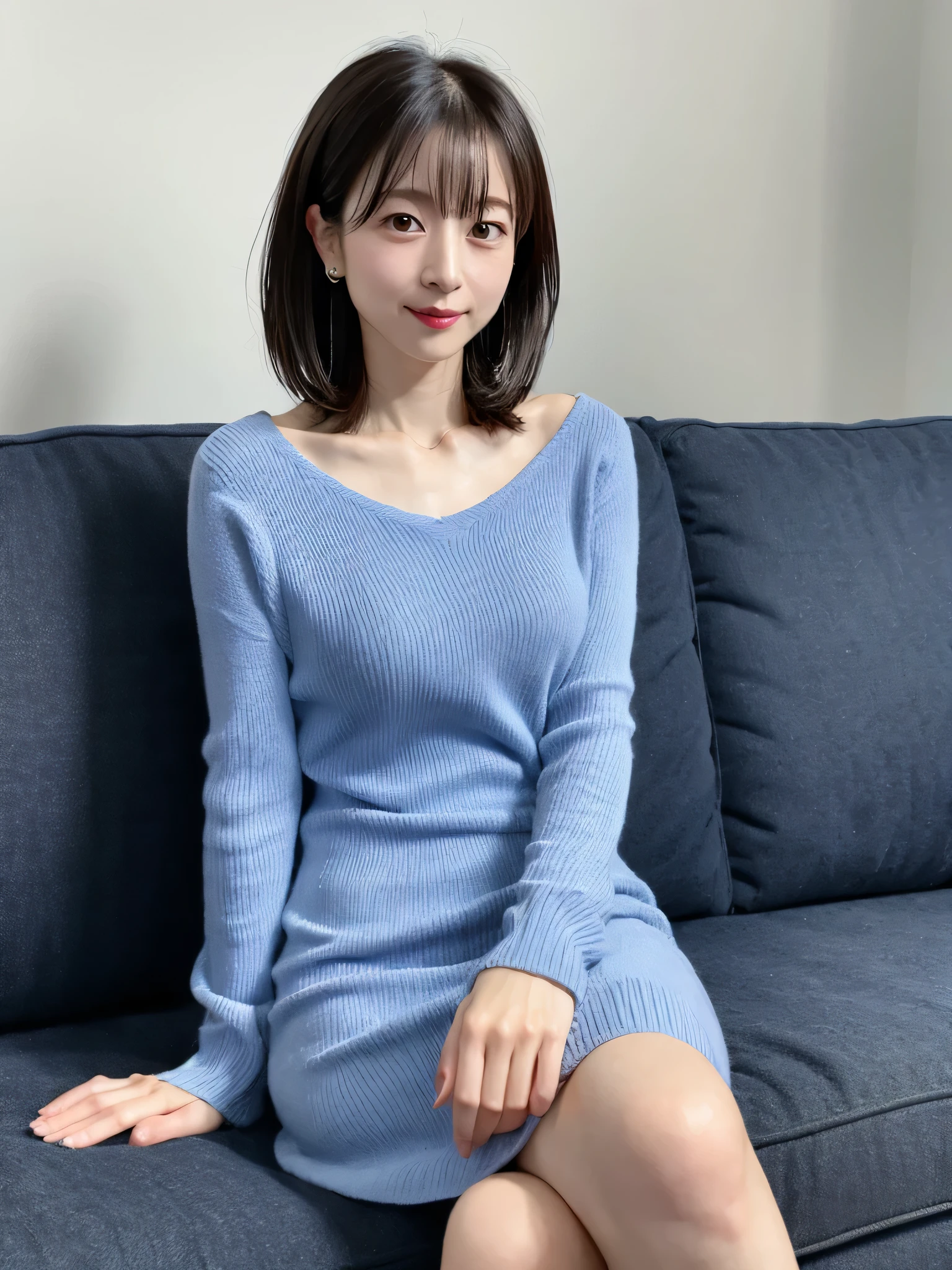 masterpiece, 16K, High resolution, The highest reality, skinny japanese lady, 30 years old, small breasts, ((thin waist)), Sitting on the sofa, Knit Dress, Black straight hair, look at the audience, , Delicate face, delicate eyes