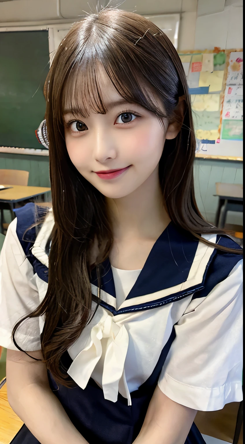 table top, highest quality, figure, Super detailed, finely, High resolution, 8k wallpaper, 完璧なダイナミックな構figure, detailed and beautiful eyes, sailor uniform,medium hair, middle of chest, natural color lip, random sexy poses,smile,School,brother,classroom