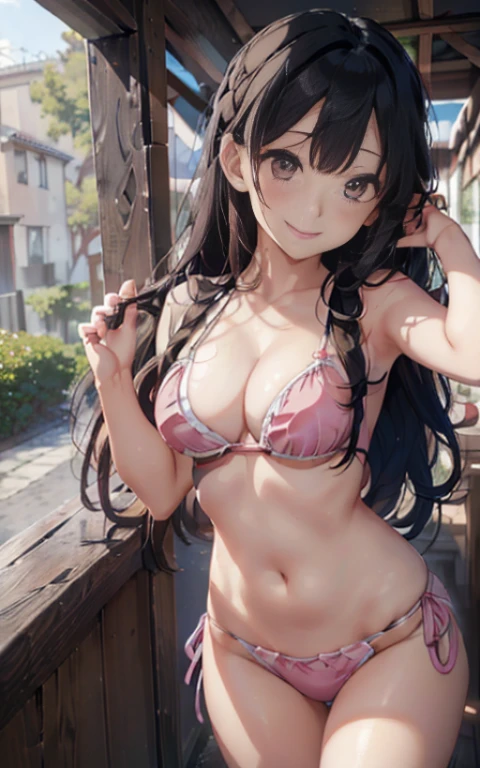 hanekawatsubasa, hanekawa tsubasa,(smile),(with sparkling eyes and a contagious smile),her pink panty pulled by self,a , long hair, black hair, hair ornament, (brown eyes:1.1), braid, hairclip, twin braids, glasses, pink bikini, outdoors, beach, looking at viewer, (masterpiece:1.2), best quality, high resolution, unity 8k wallpaper, (illustration:0.8), (beautiful detailed eyes:1.2), extremely detailed face, perfect lighting, extremely detailed CG, (perfect hands, perfect anatomy),