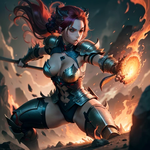 A woman clad in armor fiercely engages in combat with a dragon, her body articulated in every detail in stunning 4k resolution. The dragon breathes out immense amounts of fire, engulfing the scene in intense, smoky heat. The woman's determined expression and nimble movements convey a sense of courage and skill, as the clash of steel against the dragon's menacing scales fills the air with an electrifying crackle. The dragon roars in defiance, its eyes blazing with flames, as the woman wields her weapon with unwavering resolve, ready to deliver the final blow.