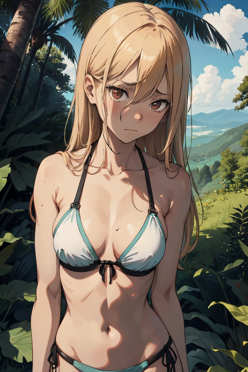 A tanned-skinned anime girl despairically lies on the forest floor, her slender hand cradling her abdomen in agony. The outline of her ribs is faintly visible through the fabric of her bikini top, a stark reminder of her malnourished state. Her emaciated frame is clad in the sun-kissed two-piece swimwear, the fabric clinging to her body, revealing the harsh reality of her situation. Her long, sun-kissed locks cascade around her face, momentarily concealing it from view, but the despairing expression etched onto her features speaks volumes. Lines of hunger and suffering crease her gaunt face, a