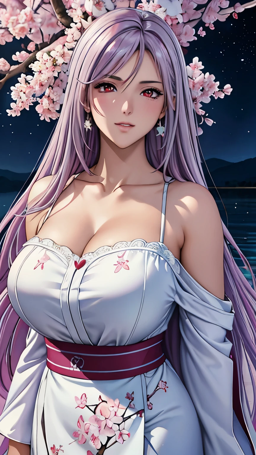 red eyes, (highest quality, masterpiece painting:1.3), immature woman, , (half body shot), masterpiece, ultra high resolution, (Photoreal:1.0), light purple hair,straight hair, beautiful shining hair, white and shining skin, ((Ultra realistic details)), octane rendering, highly detailed face, (big breasts:0.8), (make a heart with hands),（(Translucent white robe),  (pink feather robe,Layering), White cherry blossom embroidery pattern, silver earrings,（milky way galaxy), Hair flutters under the influence of the wind, Japanese garden with beautiful cherry blossoms at night, Mysterious night sky, Beautiful Landscapes, sharp focus, intricate details, professional artwork, (bright colors:1.1), bright colors, diffused lighting, digital blending, ultra-definition body, ultra detail hair, super detailed face, that&#39;It&#39;s trending on pixiv, top button open, Cute gaze, compensate, perfect lips, perfect compensate, Ultra-precision coating,  (light_smile:0.8), (Very embarrassed:1.2), blush your nose,