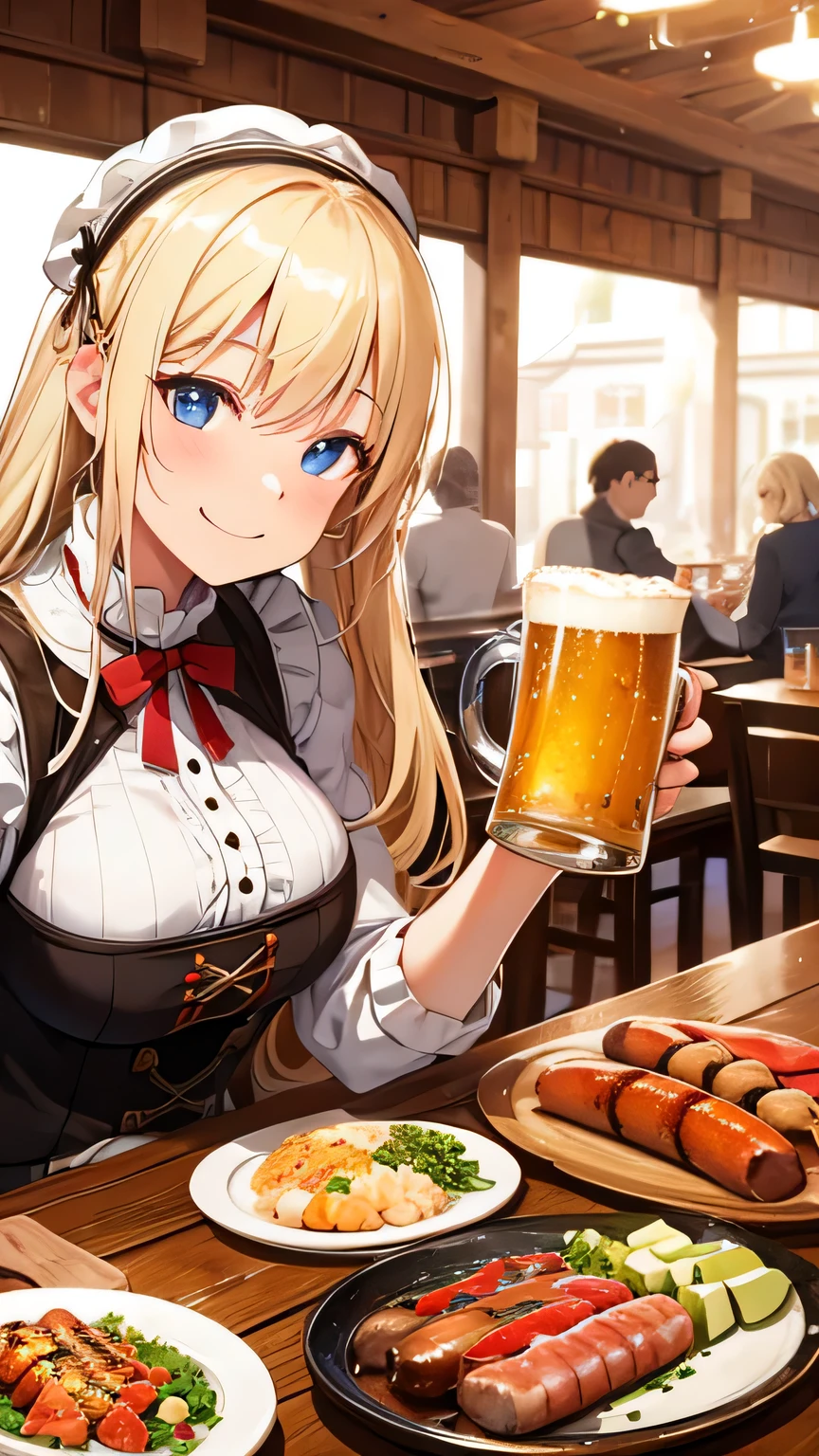 german national costume、white woman、blonde hair、smile、happy look、I have a mug of beer、There are grilled sausages on the table、European pub background