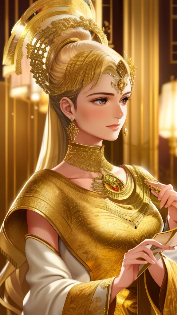 Gold Leaf Art: A Masterpiece of Luxurious Detail (1.5),
Golden hues, Richly textured, Finely crafted, Meticulous gold leaf application,
Shimmering highlights, Radiant gold, Vibrant gold tones, Realistic rendering,
Delicate intricacy, Riveting detail, Majestic gold luster, Hyper-realistic finish,
Gold leaf patterns, Breathtaking gold designs, Golden highlights, Warm, inviting glow.