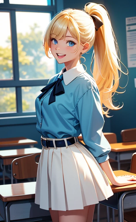 (realistic:1.4、masterpiece、top-quality、8k size wallpaper、offcial art)、(character focus、,cowboy shot:1.6)、(1girl),(light smile,Open mouth:1.3),(half closed eyes),cute face,blue eyes、(arms behind back:1.3)、
,(stand),(Shining smile),
,(slender),(school uniform),(ponytail、long fluorescence blonde hair1.3), (small breasts)、
、fluorescence、classroom,JK、
