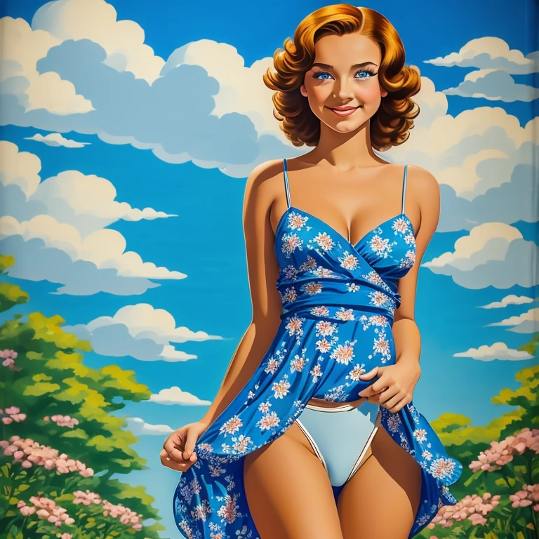 1girl, one single girl, alone.  A sensual Rachel Cook, walking toward the camera,  ((view from front)), (((wearing a loose fitting blue floral sun-dress))),  skirtlift to show tiny white panties.  Highleg panties, ((Small string white panties))  Mischievous smile.  (((Bright blue eyes))).  Full body portrait, pin-up painting from the '50s, in the art style of Alberto Vargas, Baron Von Lind, award-winning, masterpiece  