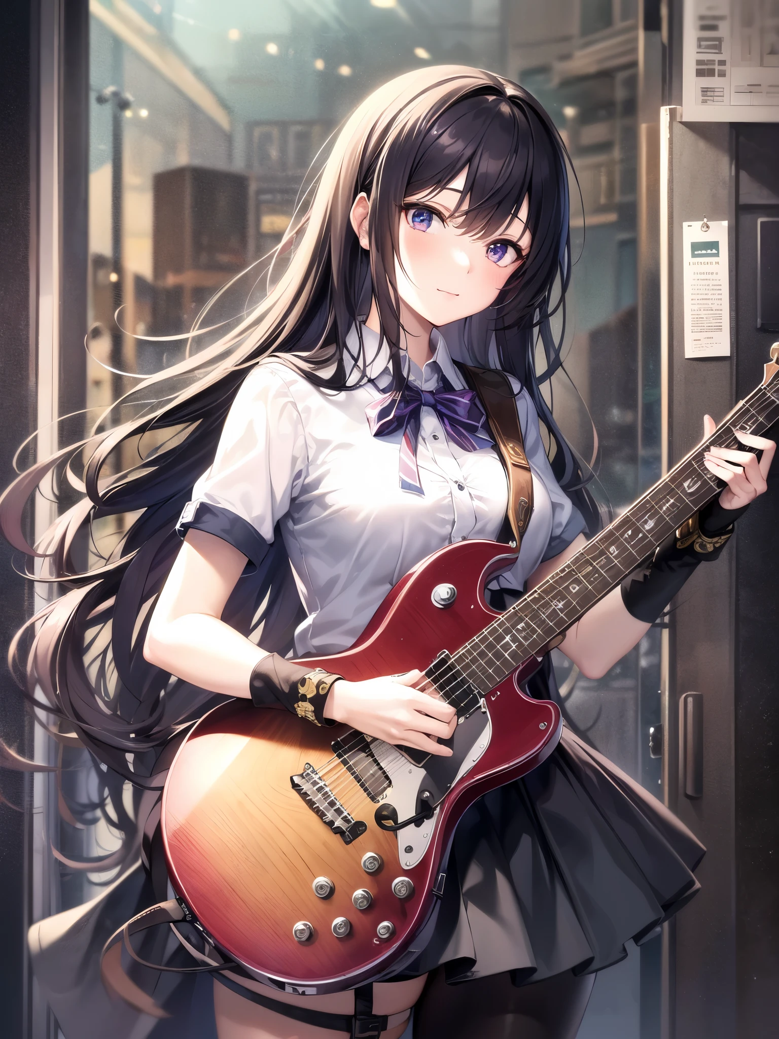 ((highest quality)),(ultra high resolution),(Super detailed),(detailed description),((The best CG)),(best work of art),super precision art,amazing drawing art,(Art with precise details:1.5), (high school girl:1.5), Learning to play the guitar on campus after school。Midsummer Sun