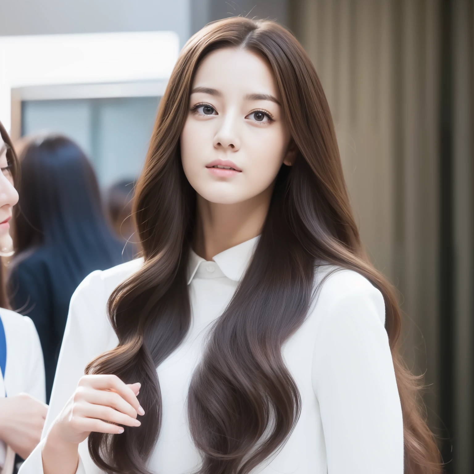 - [ ] realistic:1.37, masterpiece, highest quality, Raw photo, disorganized, UHD, 1 girl, wavy hair, brown hair, fascinating , looking at the viewer, At a beauty salon in Tokyo ,fine skin, pore, High resolution, HDR , Presentation to 10 men, A soft light on the face,White shirt uniform , medium chest, 30 year old woman, Hairdresser holding scissors
