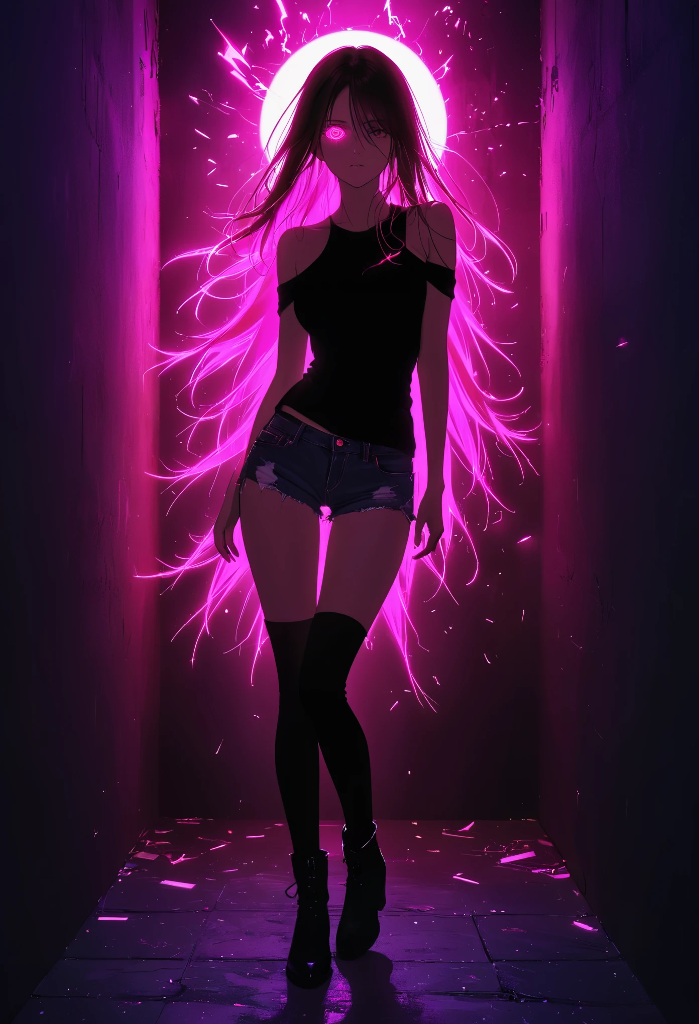 (Portrait of a mysterious giant eye), indoor, Fluorescent illumination, (Darkness shrouded, Wall background, black background, shadow, extreme darkness:2.0), Minimalist graffiti style background, Fluorescent pink eye graffiti, Dark atmosphere, 1girl, Oversized black T-shirt, midlle breasts, Waistless T-shirt, underboob, blurred background, Blurred foreground, neon Pink glowing hair, neon pink glowing eyes, Bare shoulder, presenting armpit, Kneel on the ground, Unbelievably long hair, Messy hair, Low rise denim shorts, Over-the-knee boots, pink eye shadow, Eye of destruction, Poker face, silhouette, cowboy shot, Surrealism, perspective, cowboy shot, pov, UHD, anatomically correct, super detail, best quality, 16k, masterpiece
