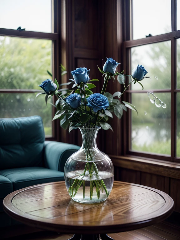 Photorealistic image of a ((glass vase with water and some beautiful blue roses)). The vase rests on a wooden table, in the living room of a house with large windows, masterpiece, ultra-realistic, high details, high quality, 8k