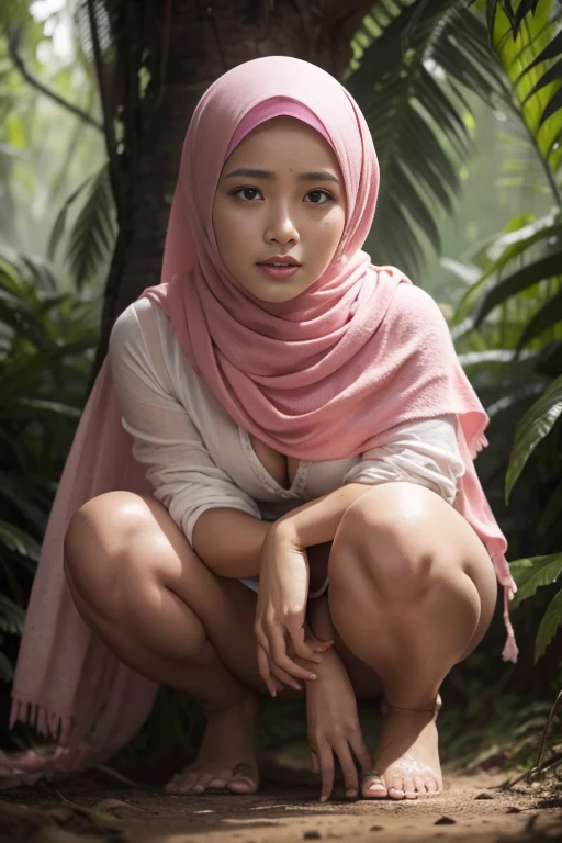 Typhoon, photorealistic full body portrait. amazingly cute malay woman with torn pink pastel shawl style hijab in her thirties crying against the background of fantastic jungle and muddy ground, clear white skin, wet and muddy, scratches everywhere, face dirty with hijab, bare feet, white skin, smooth skin, frightened desperate, desperate expression, isometric details, amazingly realistic pictures, 8K High Quality Medium Dark Lighting, High Detail, Detail Eye, Detail Face, facing viewer, spreading legs wide, beautiful vagina, both hands on her knees