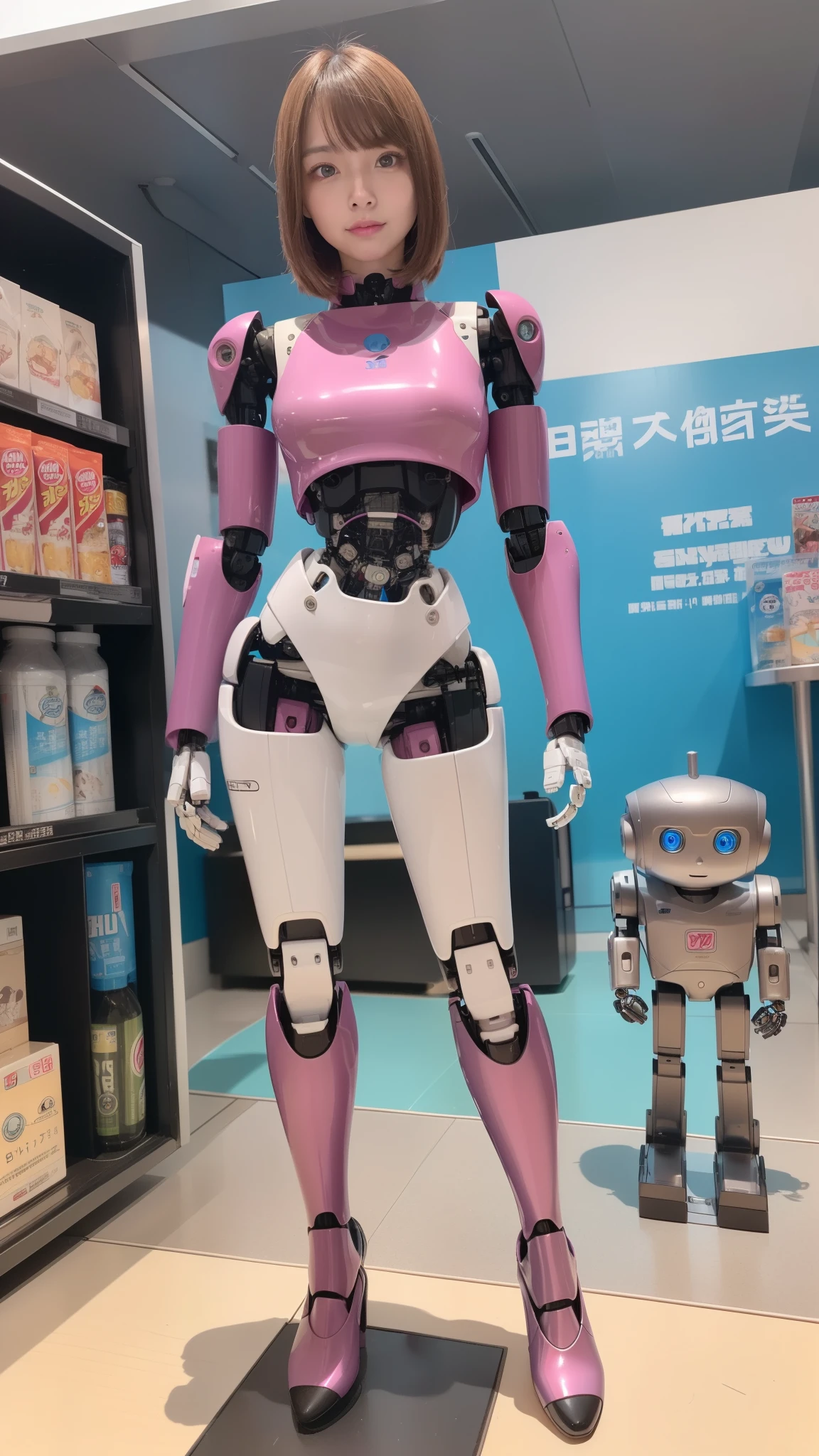 (Photorealsitic:1.4)、one robot woman、(top-quality)、(hyperdetailed face)、(Super well-formed face)、(Robot Parts)、(Female-Robot)、(25 years-old)、(Blue)、(pink there)、(Burgundy)、(metallic)、(full-body)、(sexy pose)、(Slender body)、(Model body type)、(full body mech)、(Akihabara)、(is looking at the camera)、(A brown-haired)、(Well-proportioned body)、(a small face)、(a small head)、(well-groomed fingers)、(Idol)、(front facing)、(Standing with legs open)、(Photo session)、(Looks sad)、(perfect-female-robot)、(perfect-mechanical-body)