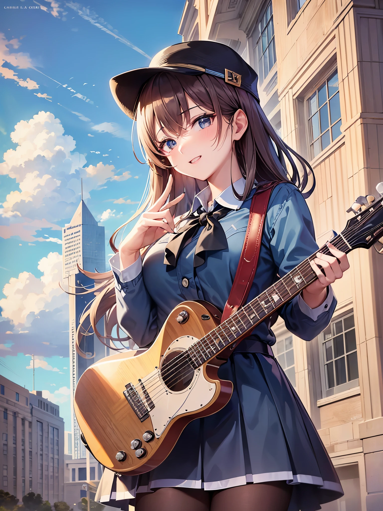 ((highest quality)),(ultra high resolution),(Super detailed),(detailed description),((The best CG)),(best work of art),super precision art,amazing drawing art,(Art with precise details:1.5), (high school girl:1.5), Learning to play the guitar on campus after school。Midsummer schoolyard