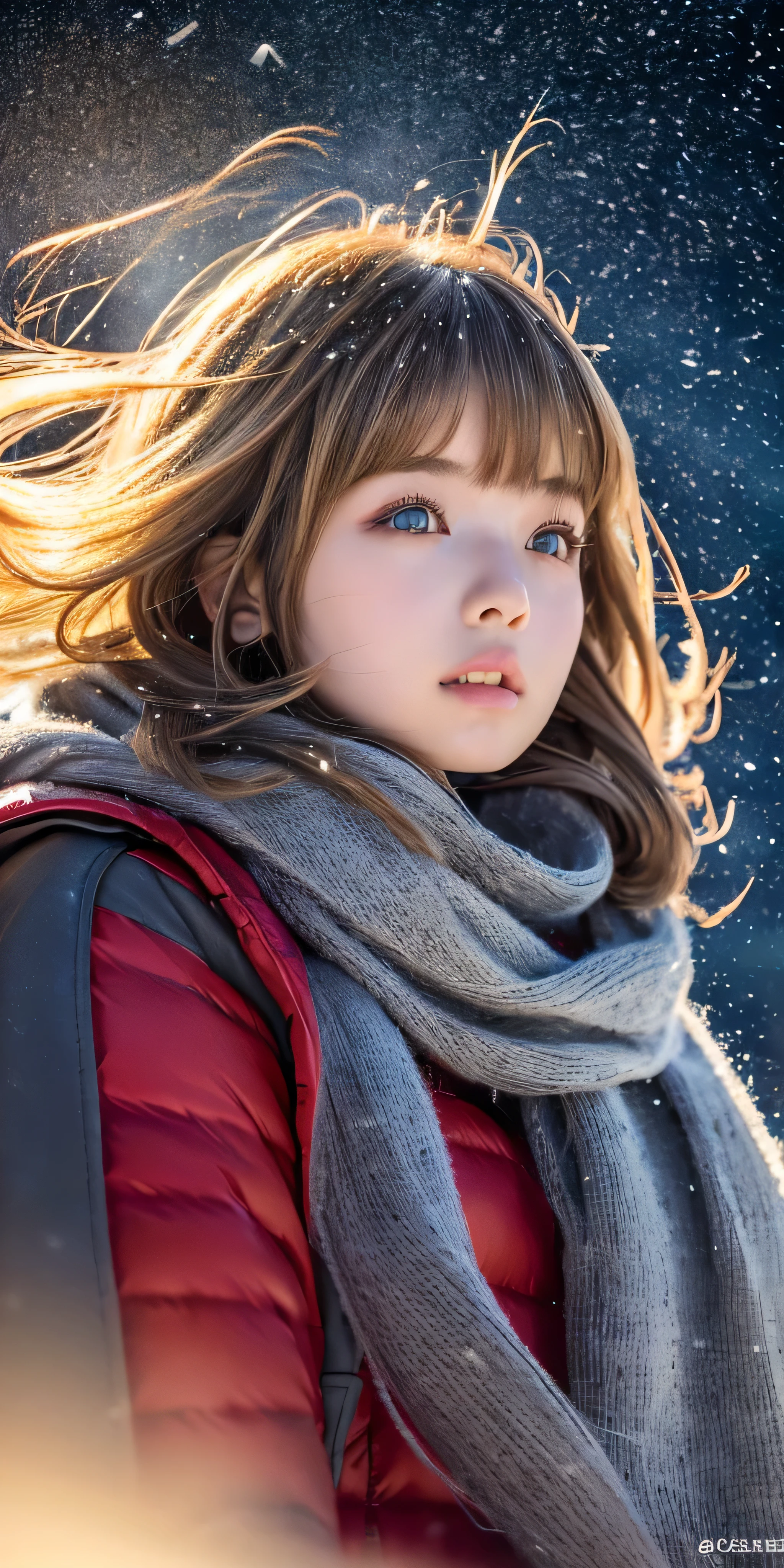 ((hair blowing in the wind、no makeup:1.2))、(realistic、Photoreal、Super detailed、best detailed skins、highest quality、masterpiece、超A high resolution)、cute russian woman、14 years、high school girl、young girl、1 girl、have bangs、ash blonde:1.7、double eyelid、drooling eyes、Japanese style face、purity、realistic skin type、thick muffler、Gray muffler、fluffy hair、((There'hair in scarf:1.3))、red cheeks、The wind is blowing、that'It's snowing、night、illumination、Lighting from behind、hair blowing in the wind、((Antarctica、A meteor shower、A world view of the aurora))