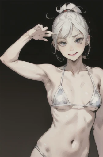 (nsfw),(High resolution), (super delicate), (clear), Realistic,white hair girl.Wearing a revealing bikini,Gymnast,笑face,face,Skin realism、High jumps、かわいい笑face、hilarious pose