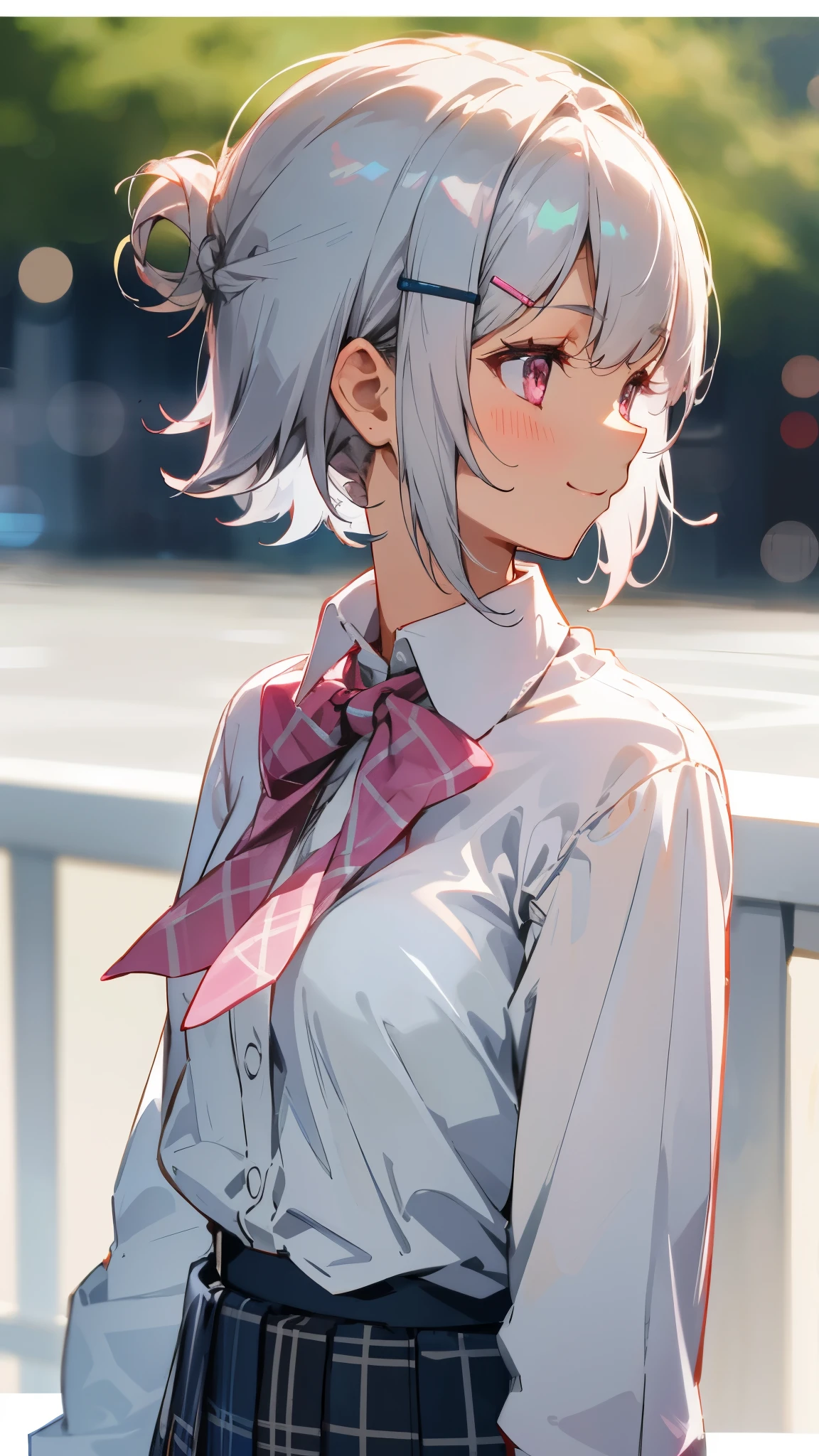 silver short hair and bob hair、I tied my hair in a bun with a hair clip..、pink eyes、white blouse shirt、tartan check skirt、smile、profile、upper body close-up、sharp outline、Morning Cafe Terrace、background bokeh、written boundary depth